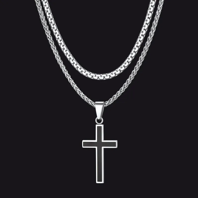Flat Box Link Chain & Black Enamel Cross Layered Necklaces Set for Men sold by FaithHeart