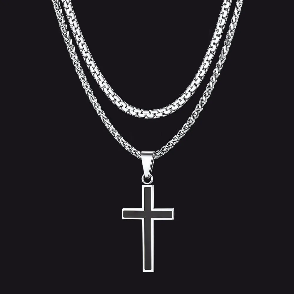 Flat Box Link Chain & Black Enamel Cross Layered Necklaces Set for Men sold by FaithHeart