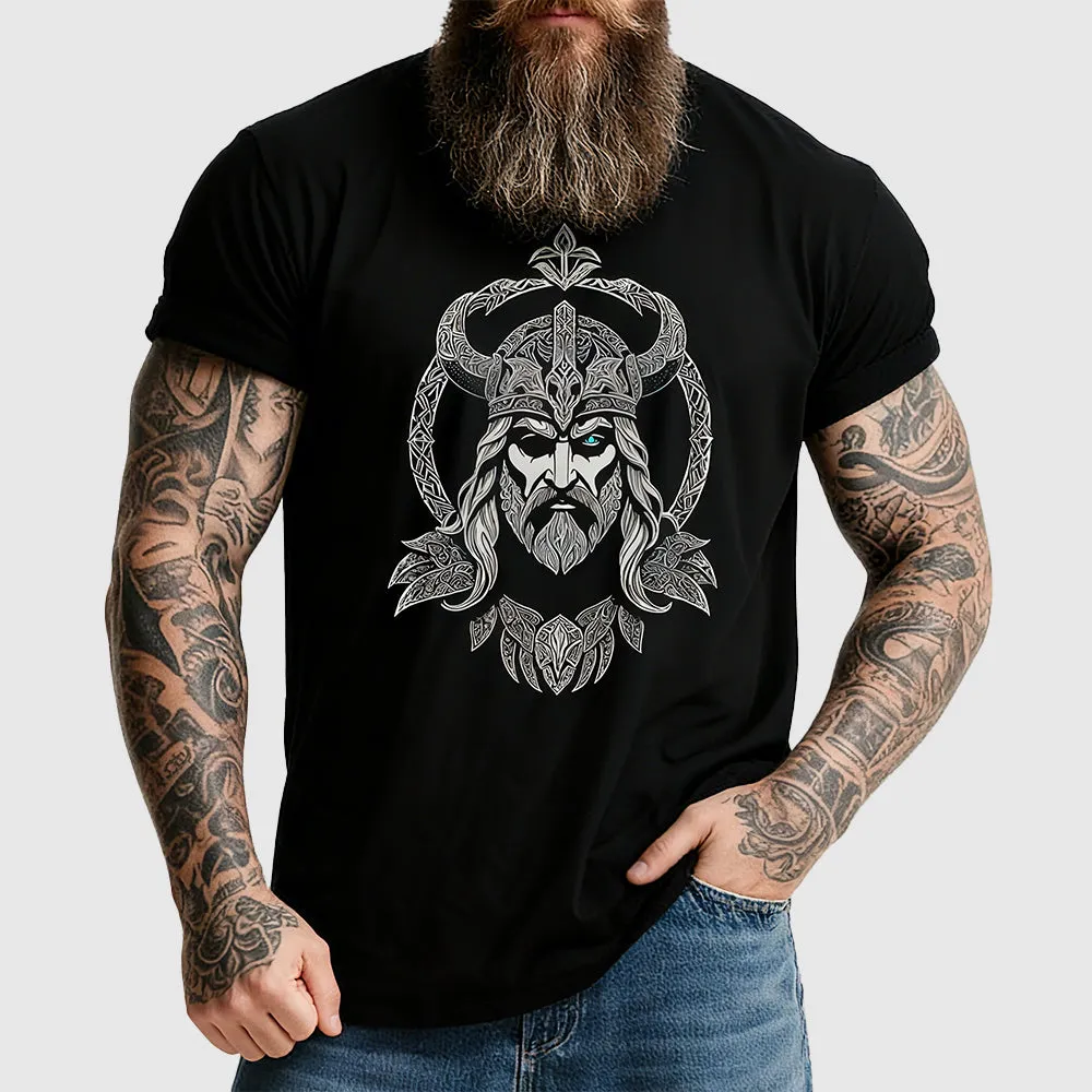 Viking Odin's Gaze All-Father Black Cotton T-Shirt for Men sold by FaithHeart