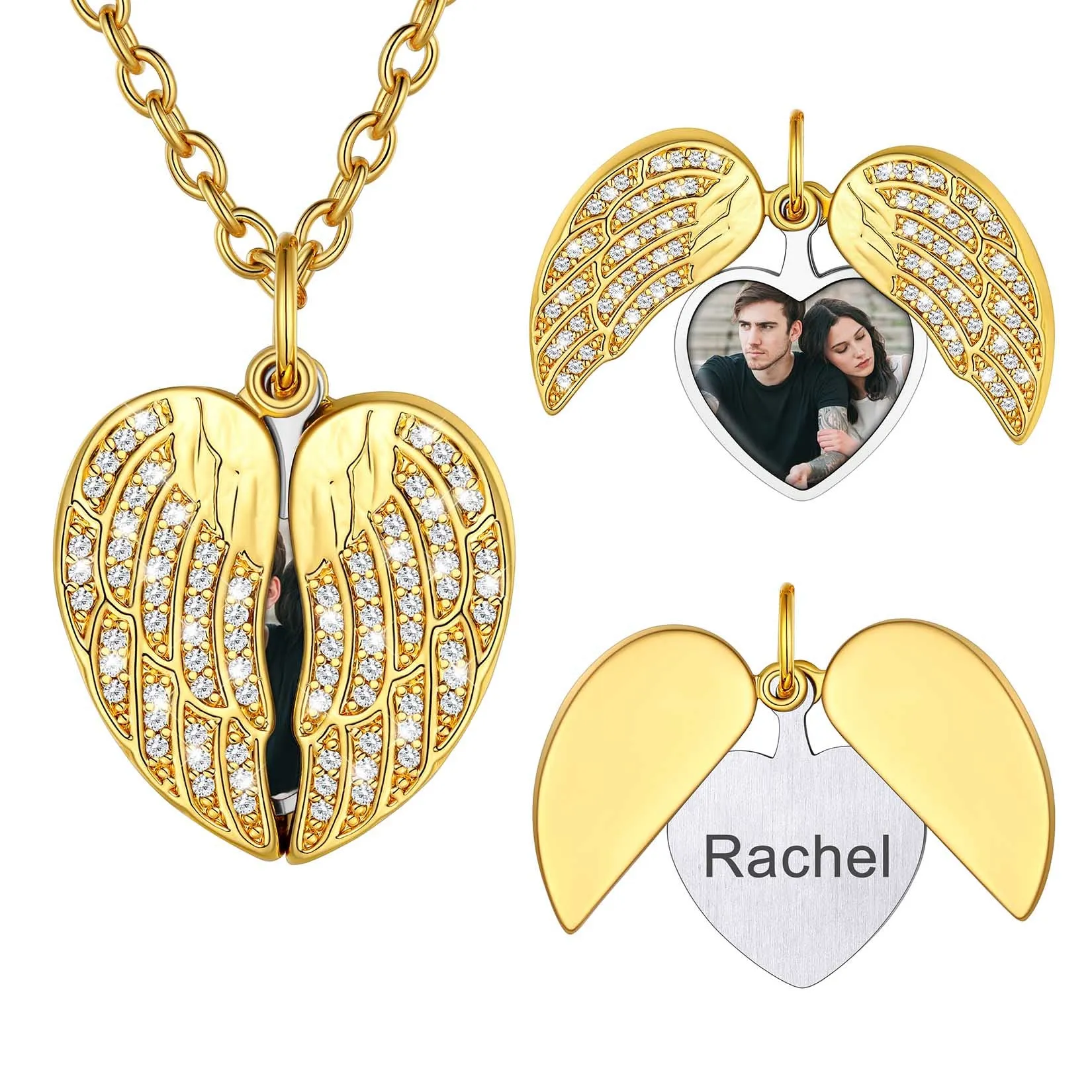 Personalised Photo Angel Wings Locket Necklace with Cubic Zirconia for Women sold by FaithHeart product image thumbnail 4