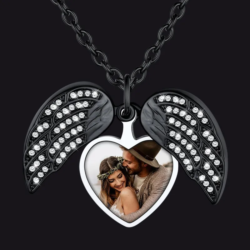 Personalised Photo Angel Wings Locket Necklace with Cubic Zirconia for Women sold by FaithHeart