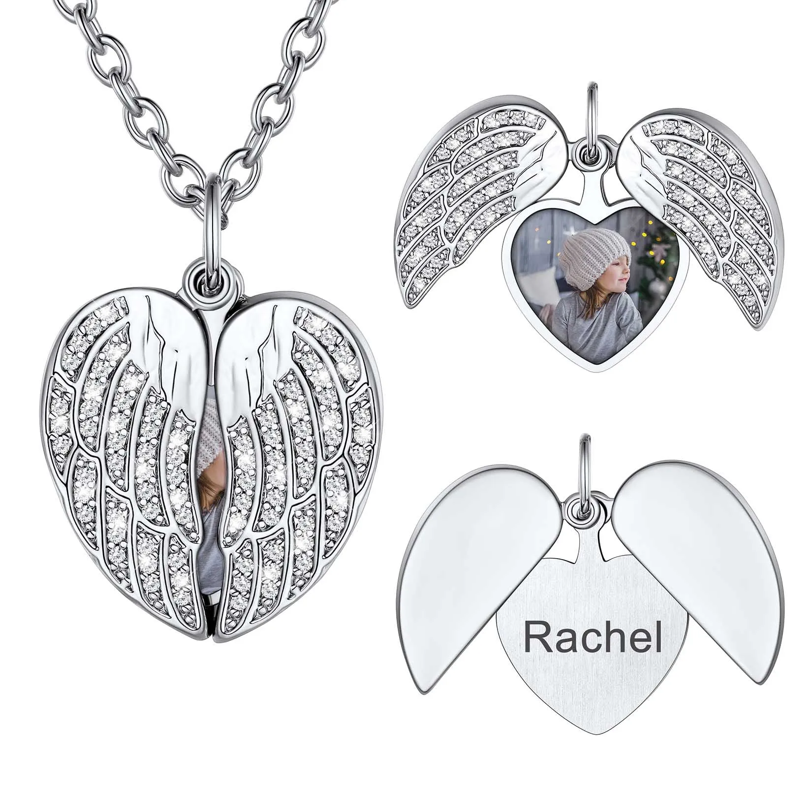 Personalised Photo Angel Wings Locket Necklace with Cubic Zirconia for Women sold by FaithHeart product image thumbnail 2