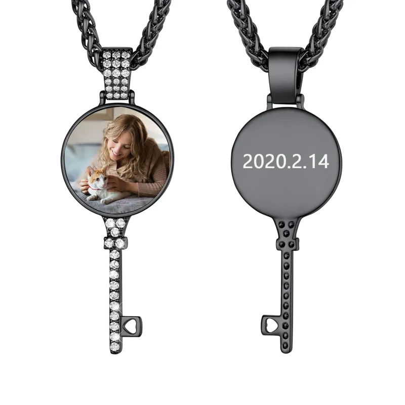 Personalised Photo Key Necklace with Cubic Zirconia for Men Women sold by FaithHeart