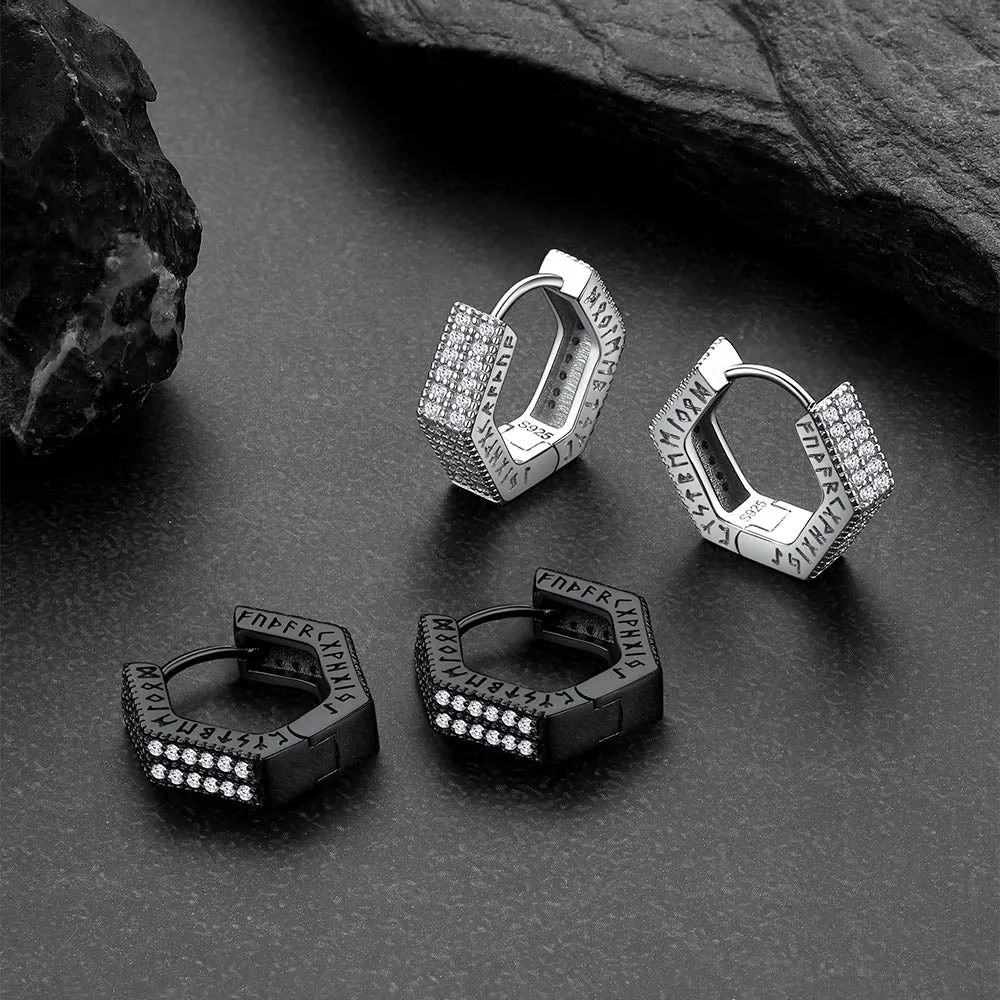 Hexagon Viking CZ Hoop Earrings With Runes for Men sold by FaithHeart product image thumbnail 4