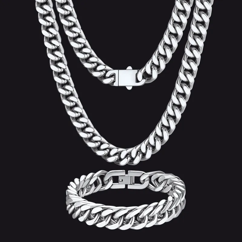 12mm Chunky Cuban Chain & Cuban Bracelet Jewelry Set for Men sold by FaithHeart