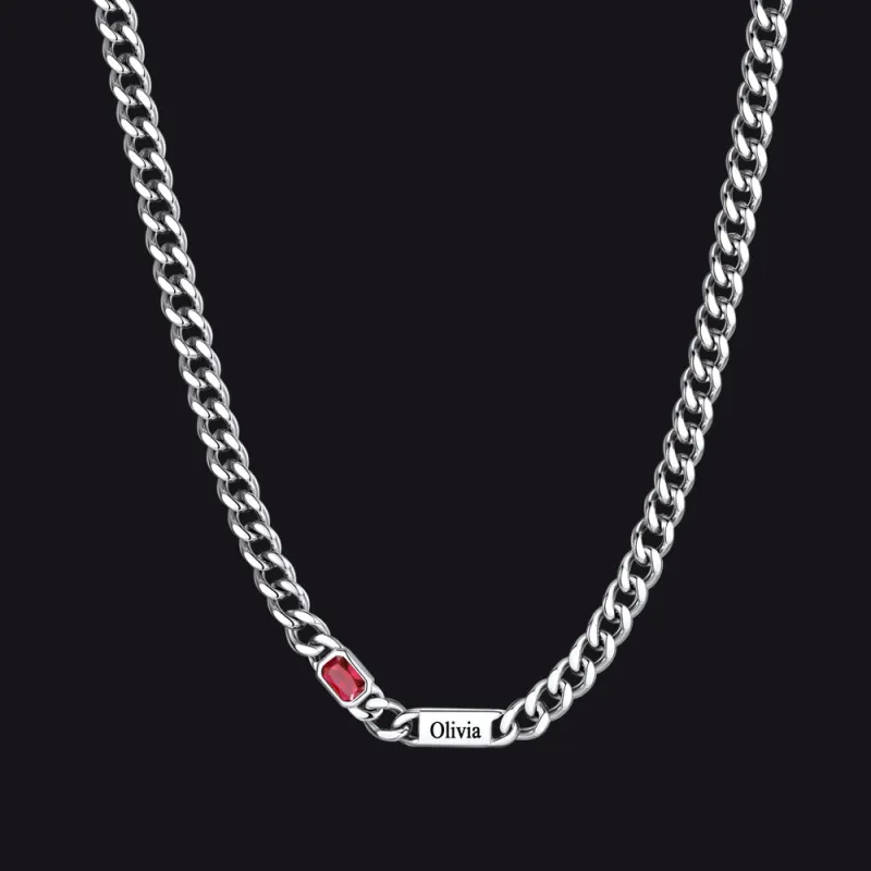 5mm Engraved Name Cuban Chain Necklace with Rectangle Birthstone sold by FaithHeart