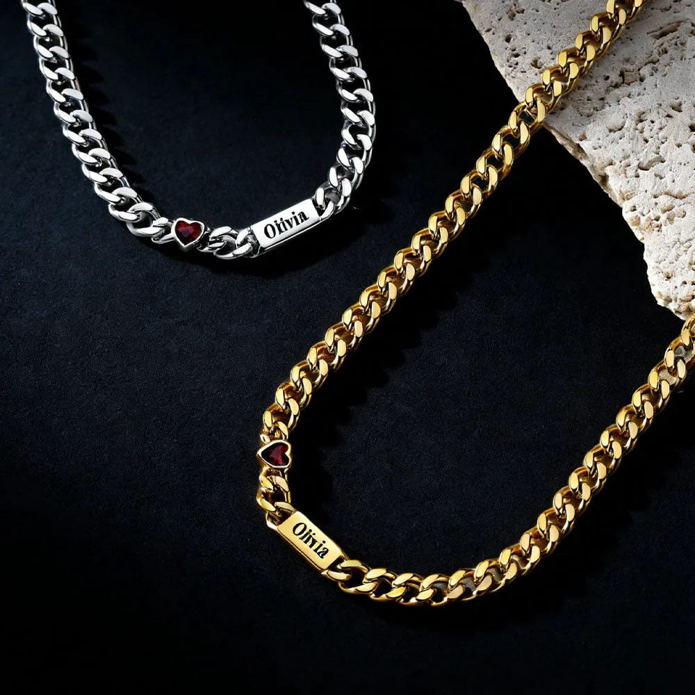 Personalized Name Cuban Chain Necklace with Heart Birthstone for Women Mom sold by FaithHeart product image thumbnail 2