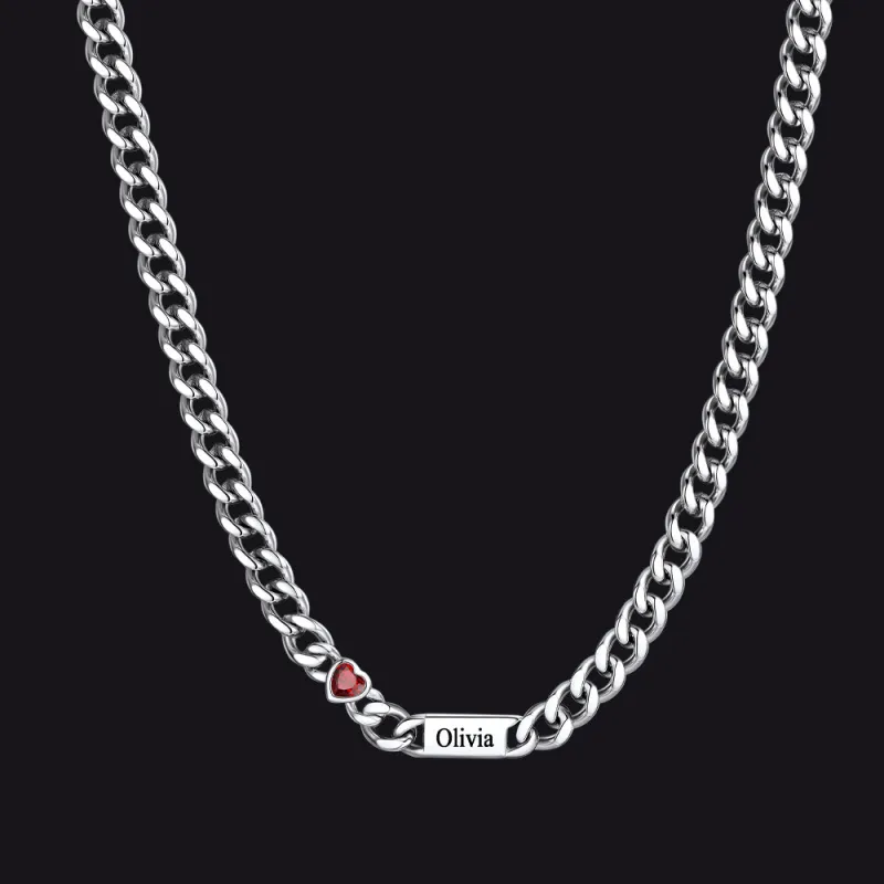 5mm Name Cuban Chain Necklace with Heart Birthstone sold by FaithHeart
