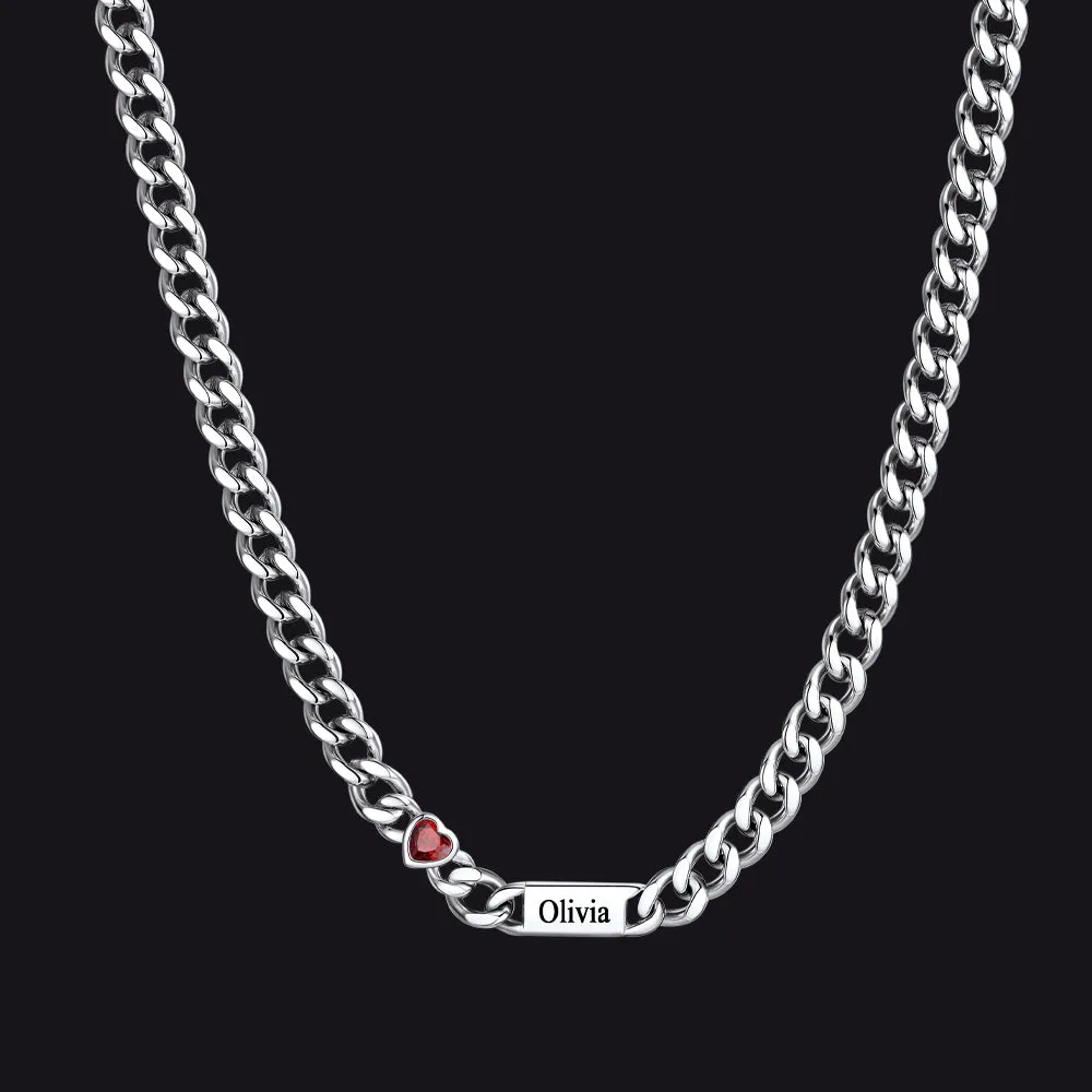 Personalized Name Cuban Chain Necklace with Heart Birthstone for Women Mom sold by FaithHeart