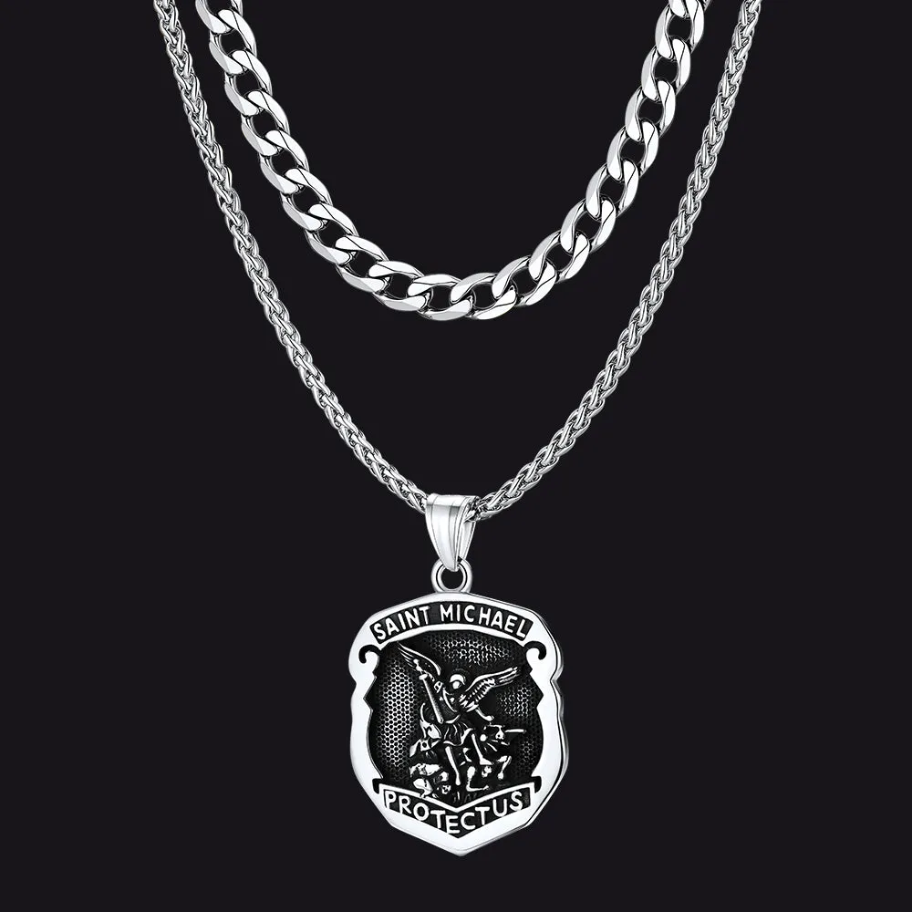 Cuban Chain & Saint Michael Necklace Layered Set for Men sold by FaithHeart