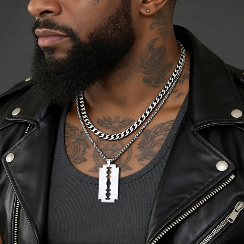 Cuban Chain & Eboy Razor Blade Necklace Set for Men sold by FaithHeart
