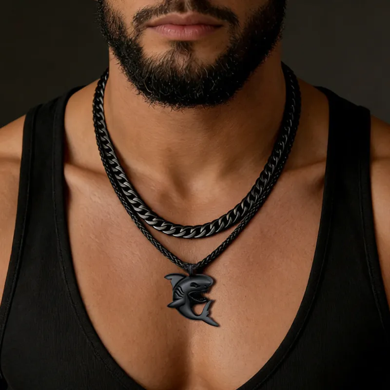 Cuban Chain & Punk Shark Necklace Set for Men sold by FaithHeart