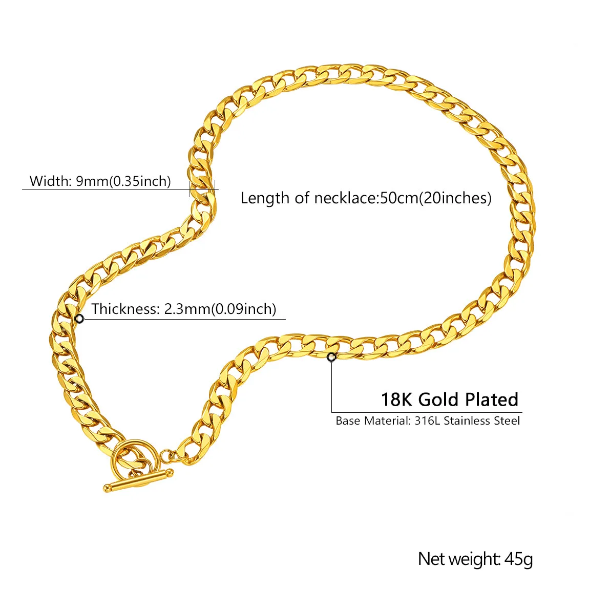 9mm Width Gold Plated Cuban Chain Necklace with T-Clasp sold by FaithHeart product image thumbnail 5
