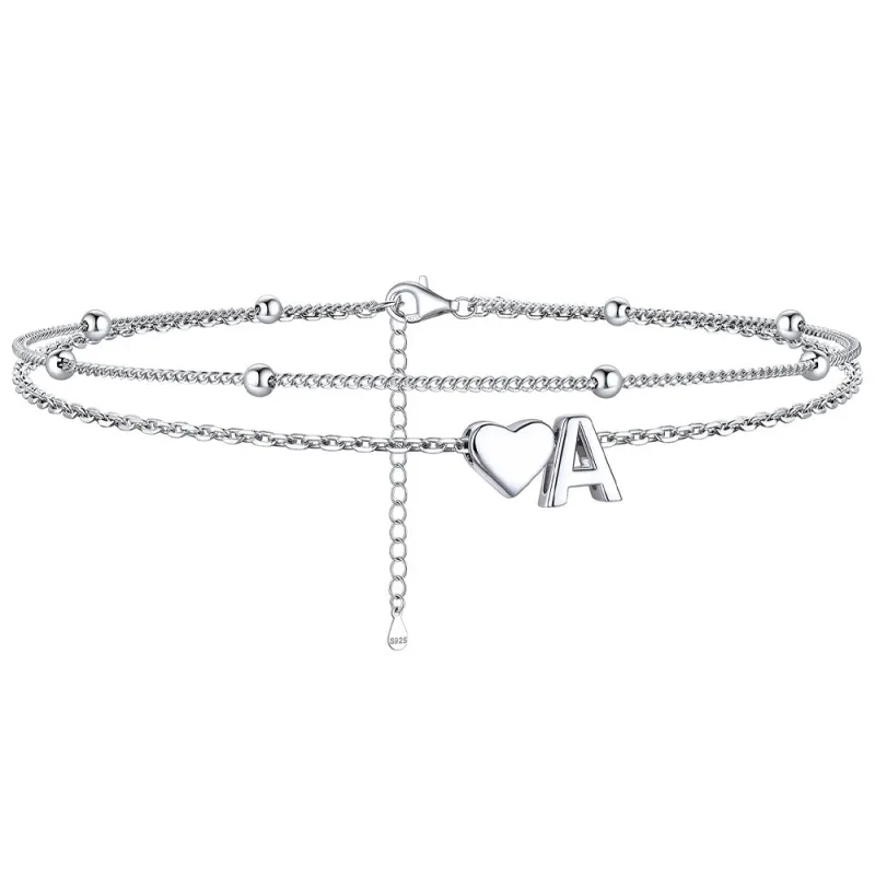 Sterling Silver Initial Heart Layered Anklet for Women sold by FaithHeart