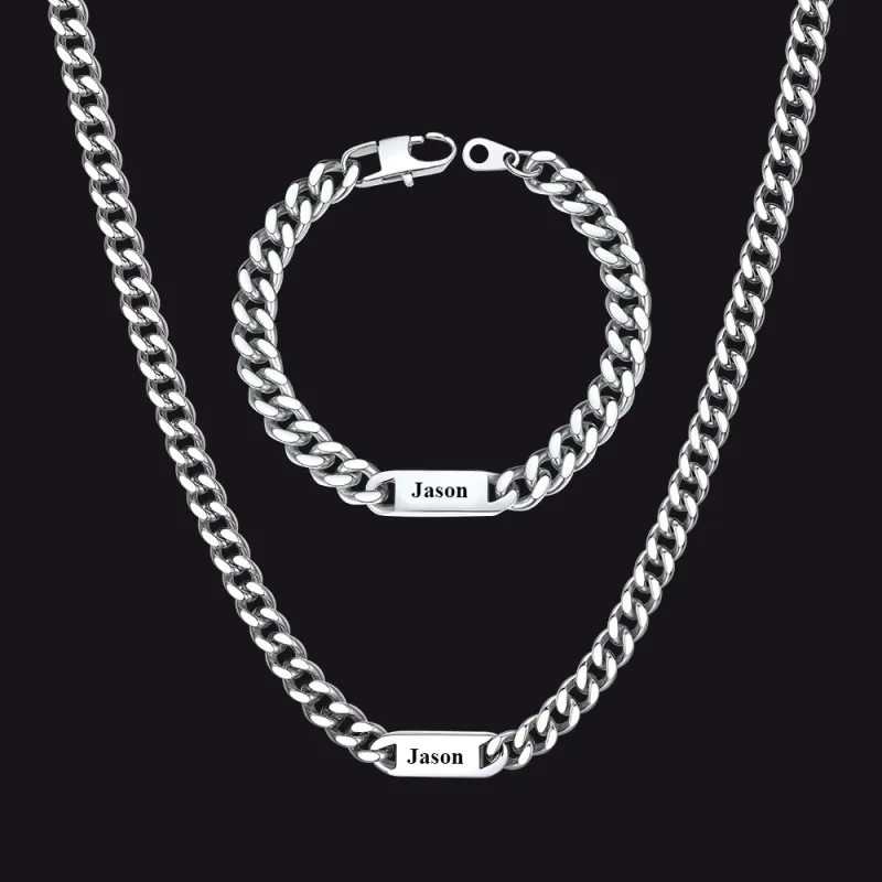 7mm Engraved Name Cuban Chain & Bracelet Gift Set for Men sold by FaithHeart