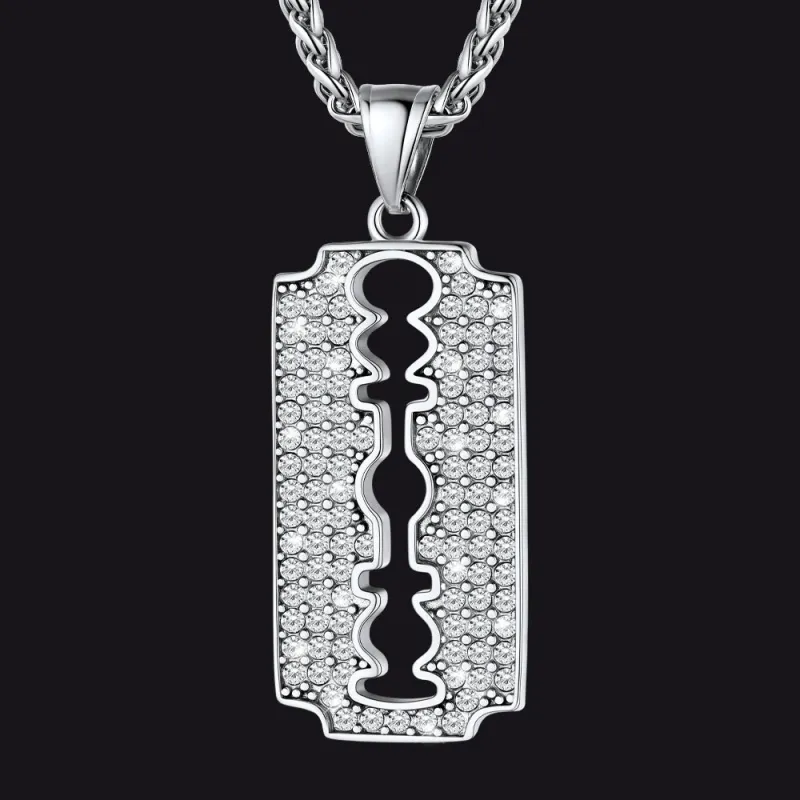 Engraved Razor Blade Pendant Necklace with Diamond for Men sold by FaithHeart