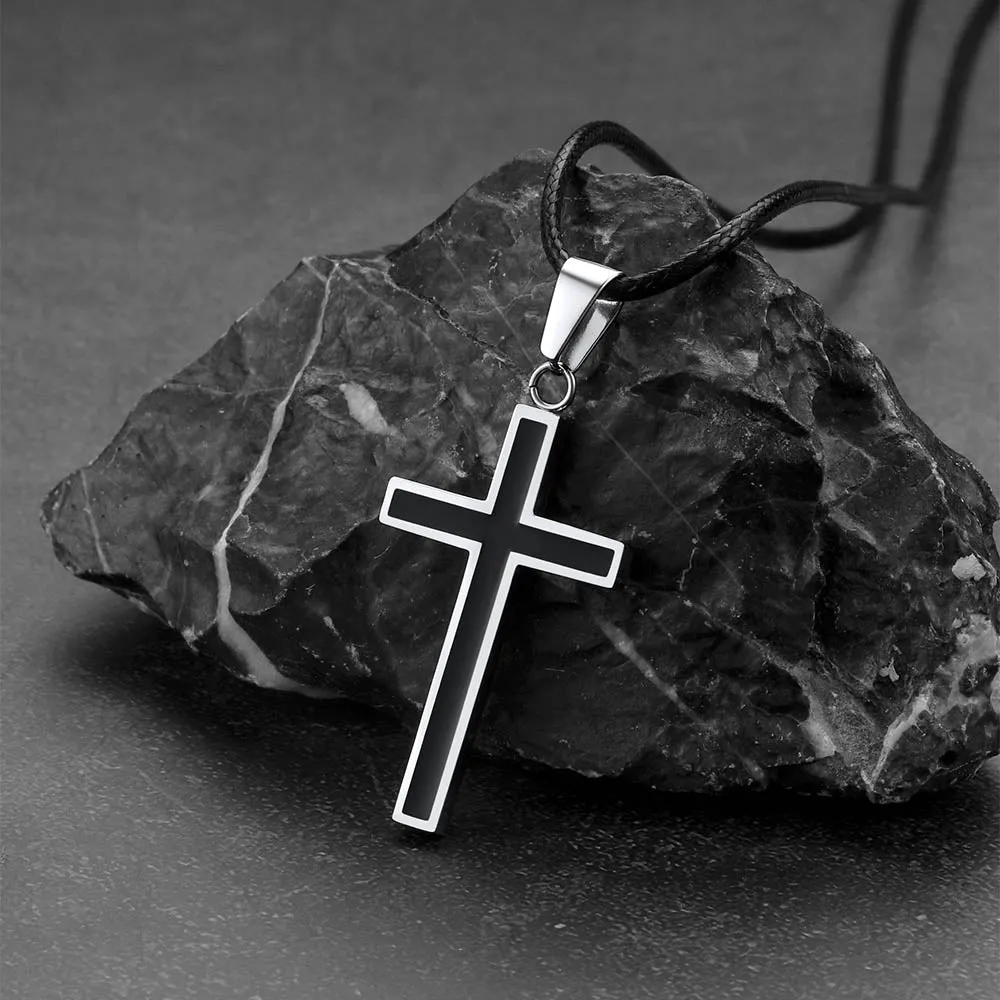 Christian Black Enamel Cross Necklace with Braided Leather Chain for Men sold by FaithHeart product image thumbnail 5