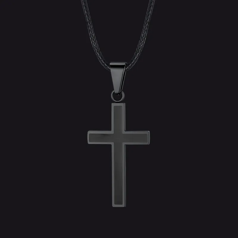 Christian Black Enamel Cross Necklace with Braided Leather Chain for Men sold by FaithHeart