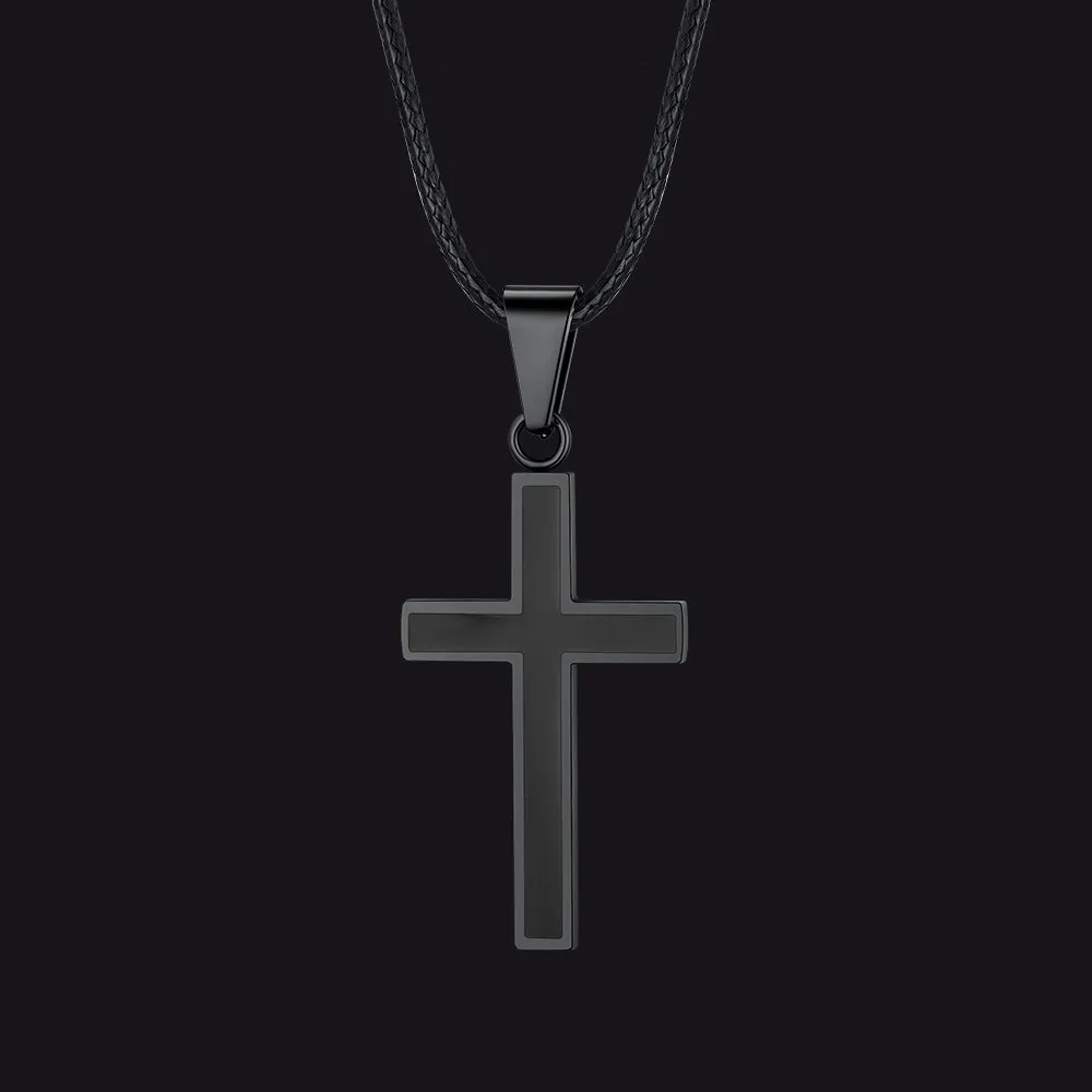 Christian Black Enamel Cross Necklace with Braided Leather Chain for Men sold by FaithHeart