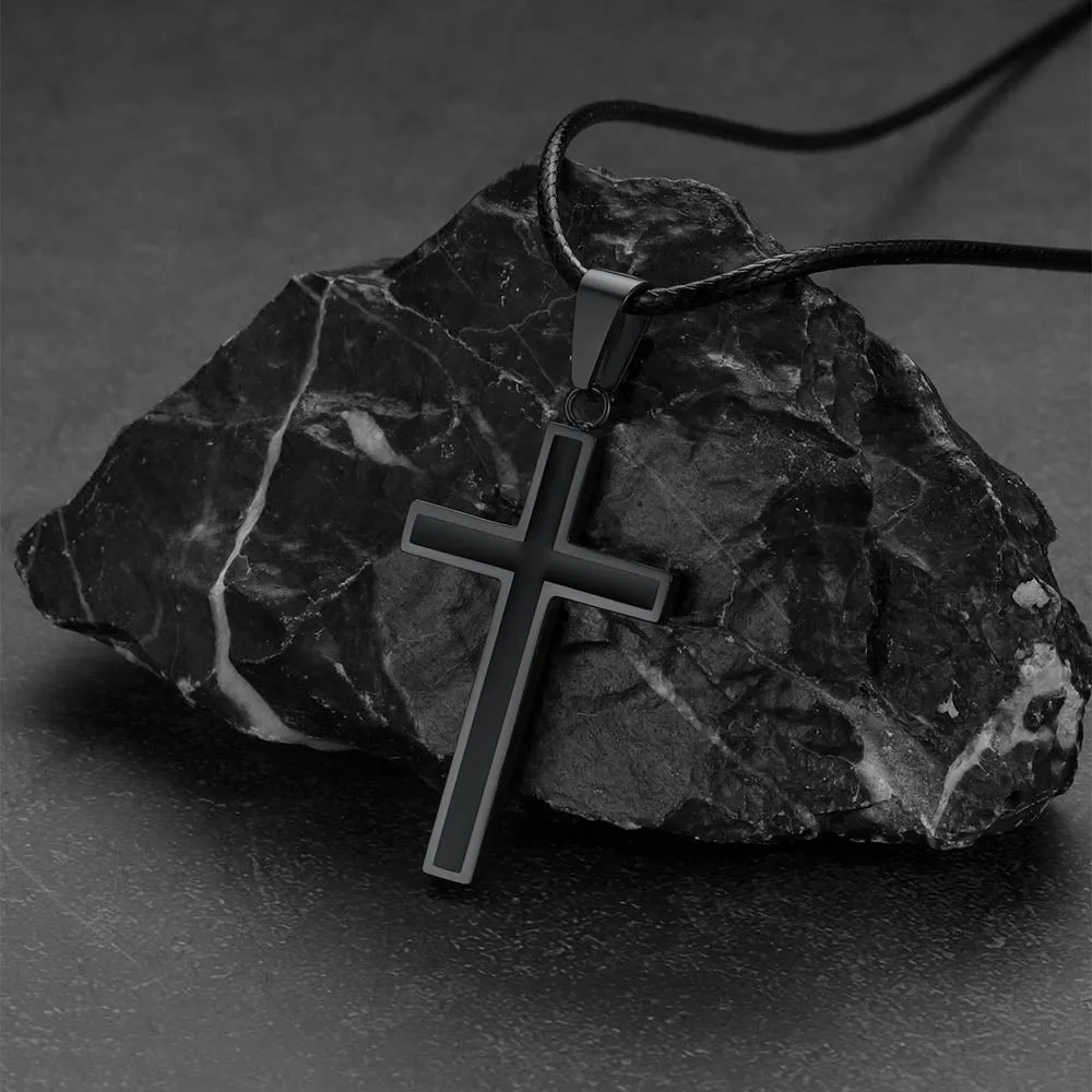Christian Black Enamel Cross Necklace with Braided Leather Chain for Men sold by FaithHeart product image thumbnail 3