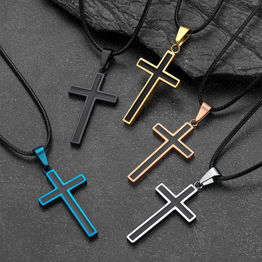 Christian Black Enamel Cross Necklace with Braided Leather Chain for Men sold by FaithHeart product image thumbnail 4