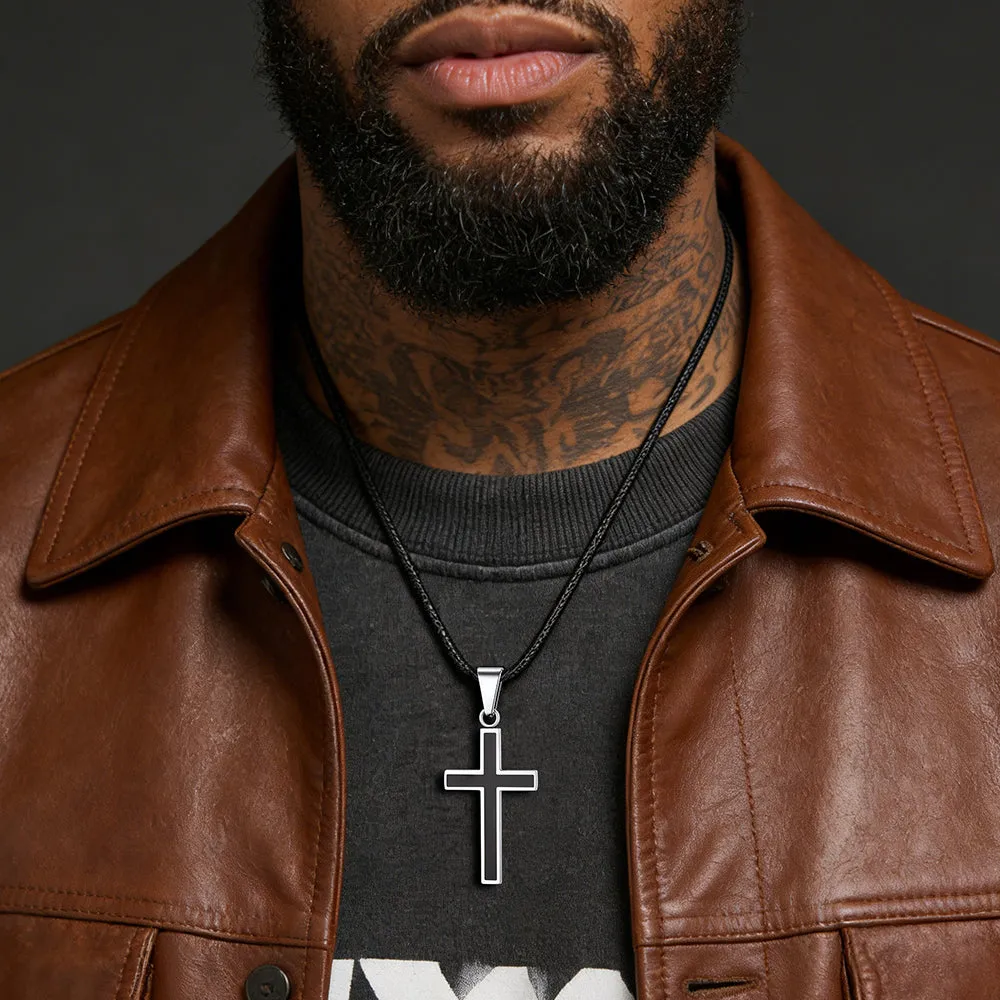 Christian Black Enamel Cross Necklace with Braided Leather Chain for Men sold by FaithHeart product image thumbnail 2