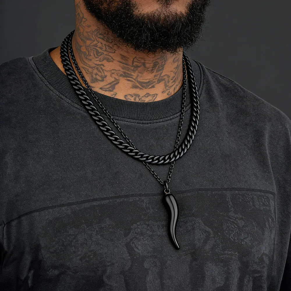 Miami Cuban Chain & Cornicello Italian Horn Pendant Set for Men sold by FaithHeart product image thumbnail 2