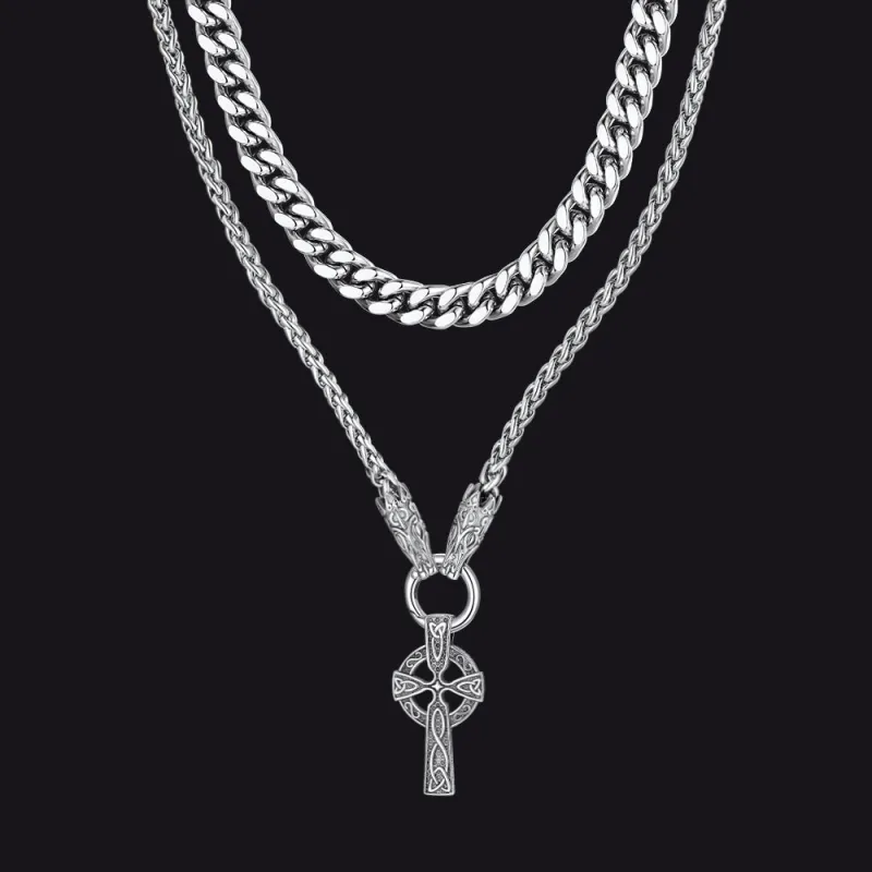 Miami Cuban Chain & Celtic Knot Cross Necklace Set for Men sold by FaithHeart