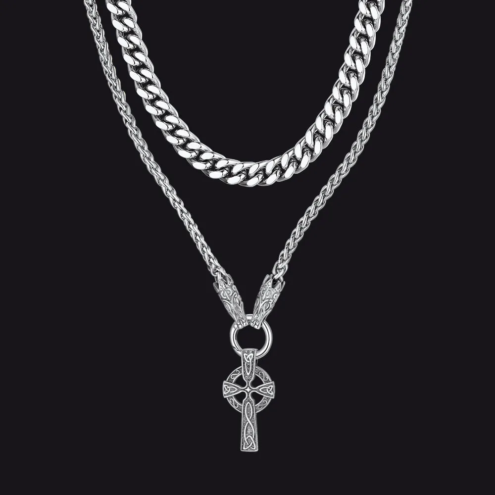 Miami Cuban Chain & Celtic Knot Cross Necklace Set for Men sold by FaithHeart