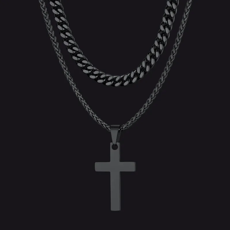 Miami Cuban Chain & Cross Layered Necklaces Set for Men made by FaithHeart