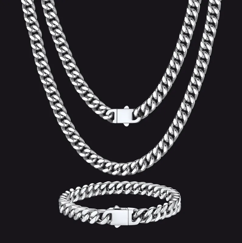 7MM Miami Cuban Link Chain & Bracelet Jewelry Set for Men made by FaithHeart