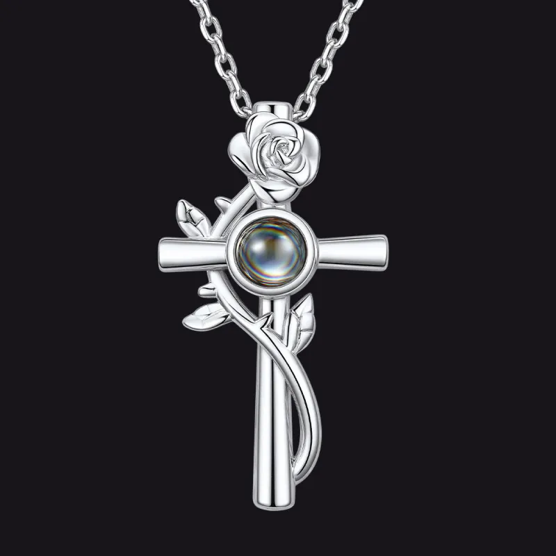 Personalized Projection Picture Cross Necklace with Rose for Women Mom made by FaithHeart