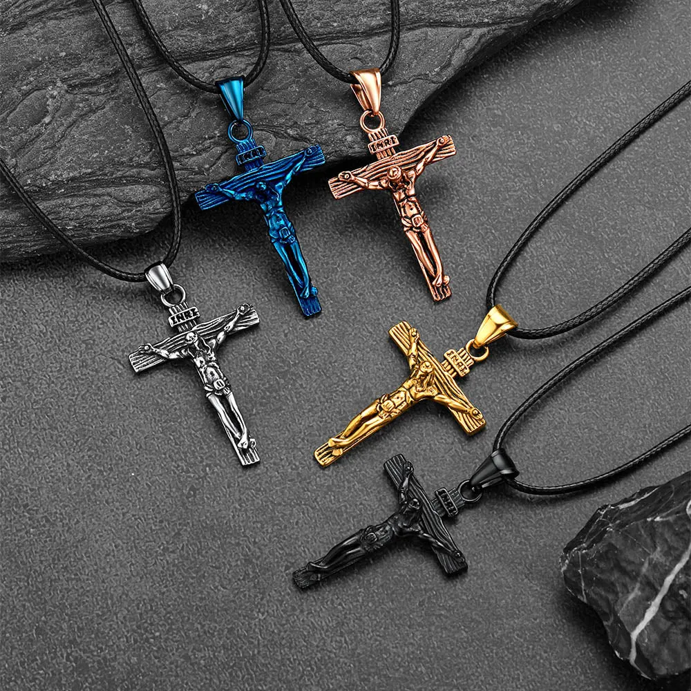Jesus Crucifix Cross Braided Leather Pendant Necklace for Men sold by FaithHeart product image thumbnail 3