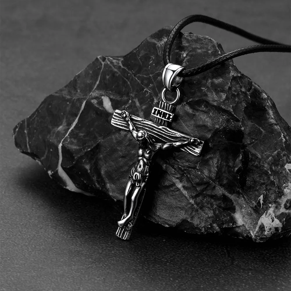 Jesus Crucifix Cross Braided Leather Pendant Necklace for Men sold by FaithHeart product image thumbnail 4