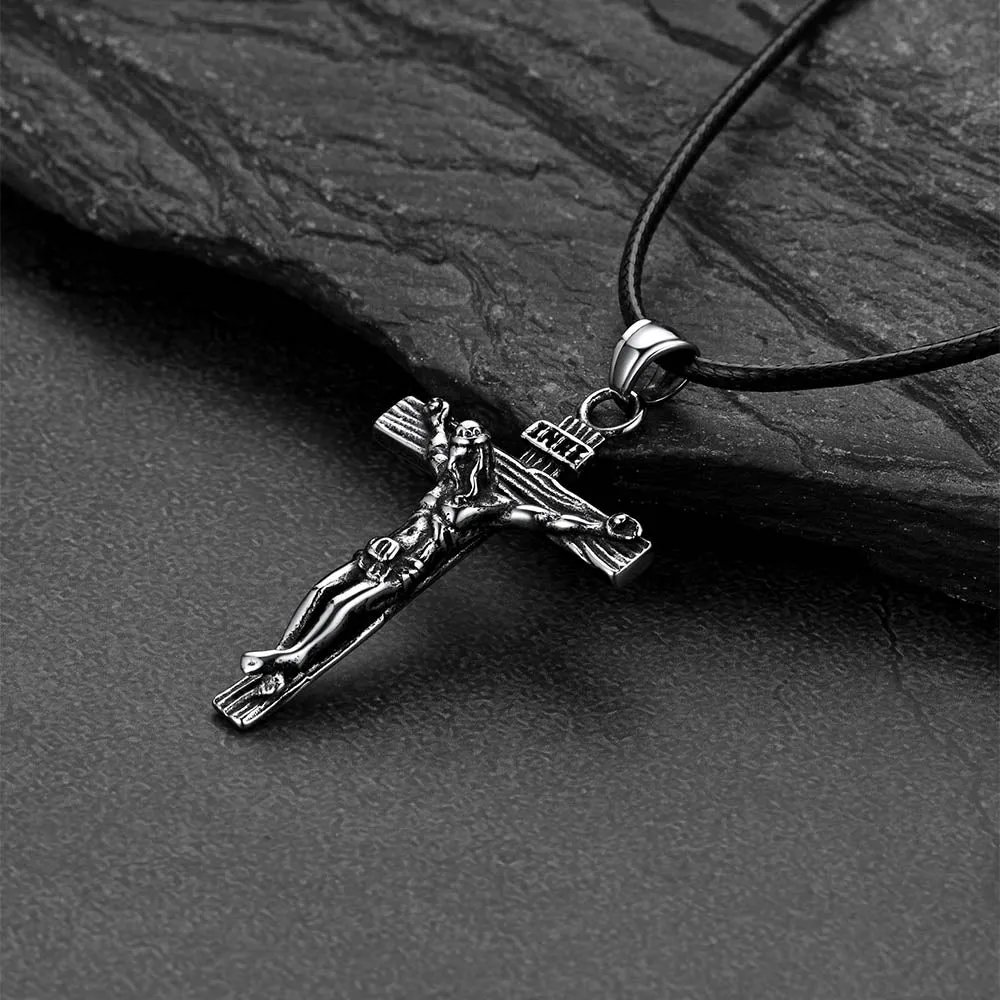 Jesus Crucifix Cross Braided Leather Pendant Necklace for Men sold by FaithHeart product image thumbnail 5