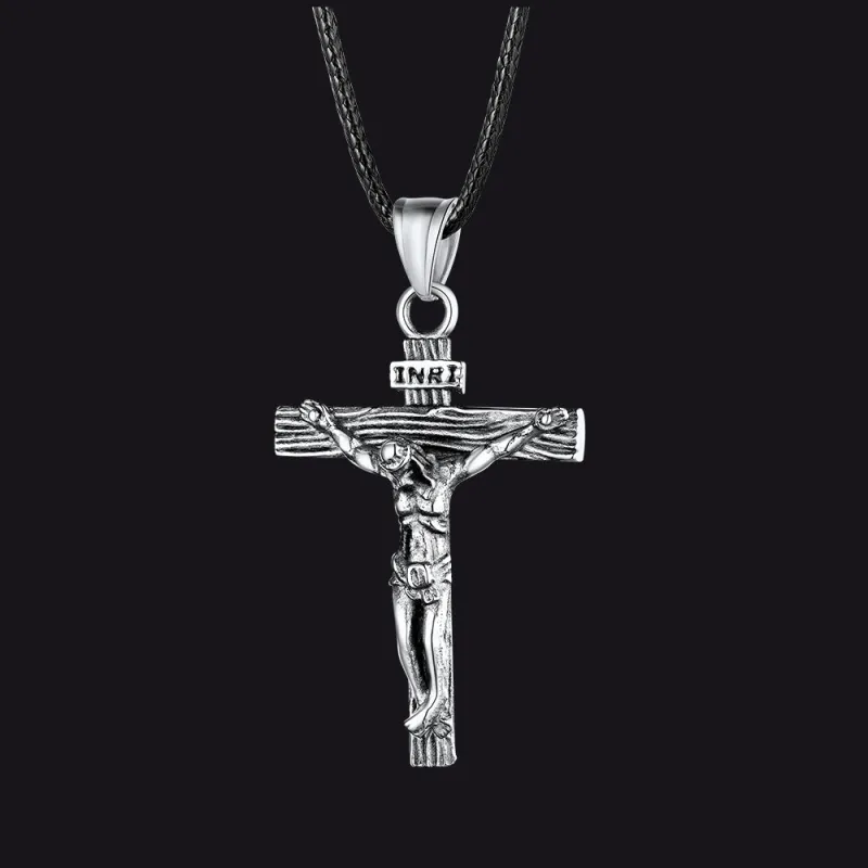 Jesus Crucifix Cross Braided Leather Pendant Necklace for Men made by FaithHeart