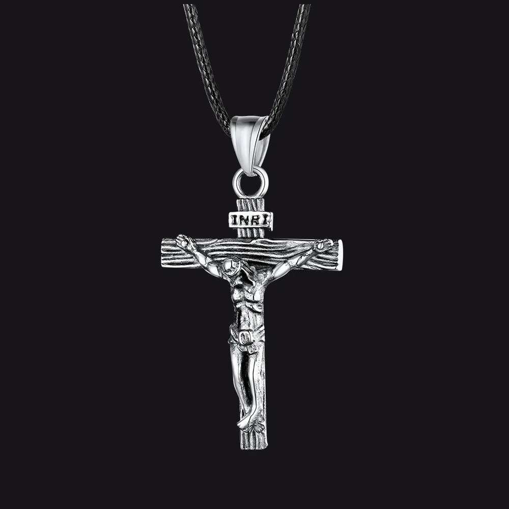 Jesus Crucifix Cross Braided Leather Pendant Necklace for Men sold by FaithHeart