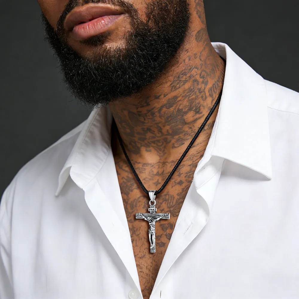 Jesus Crucifix Cross Braided Leather Pendant Necklace for Men sold by FaithHeart product image thumbnail 2