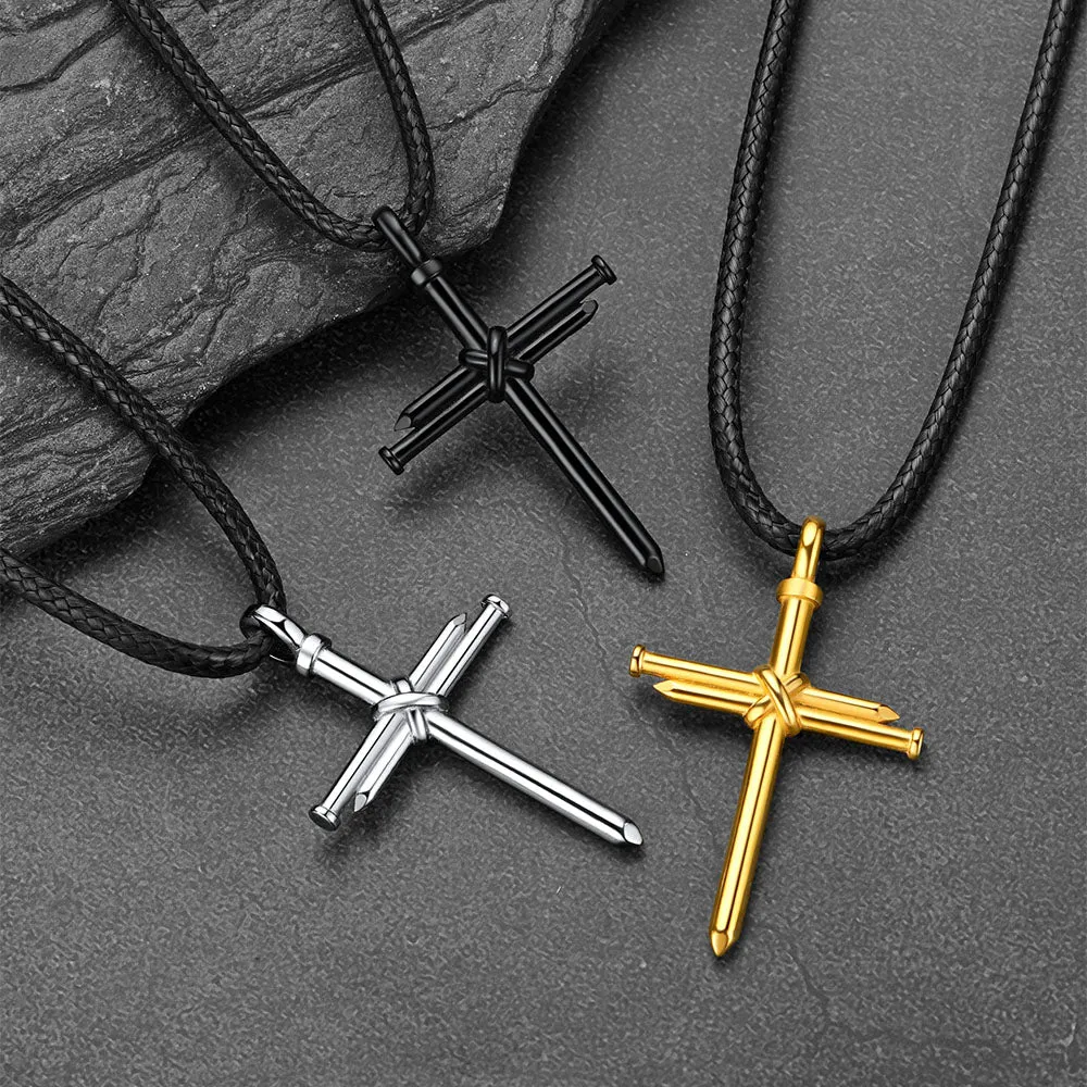 Christian Nail Cross Pendant Braided Leather Necklace for Men Dad Huasband sold by FaithHeart product image thumbnail 3