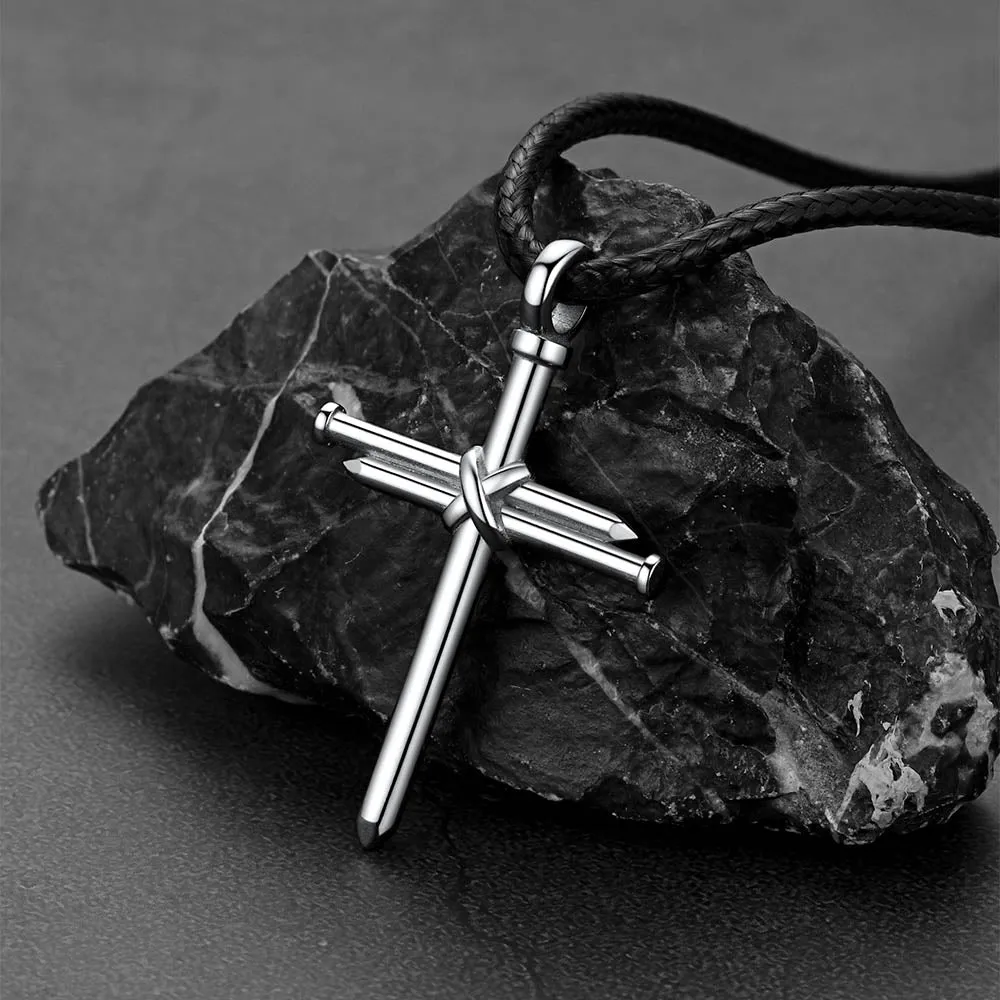 Christian Nail Cross Pendant Braided Leather Necklace for Men Dad Huasband sold by FaithHeart product image thumbnail 4