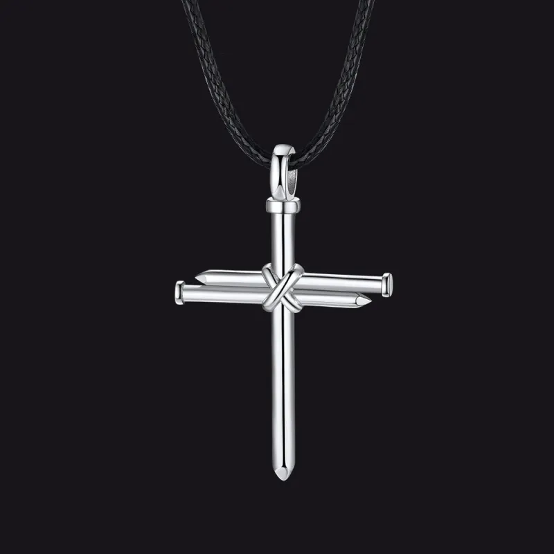 Christian Nail Cross Pendant Braided Leather Necklace for Men Dad Huasband made by FaithHeart