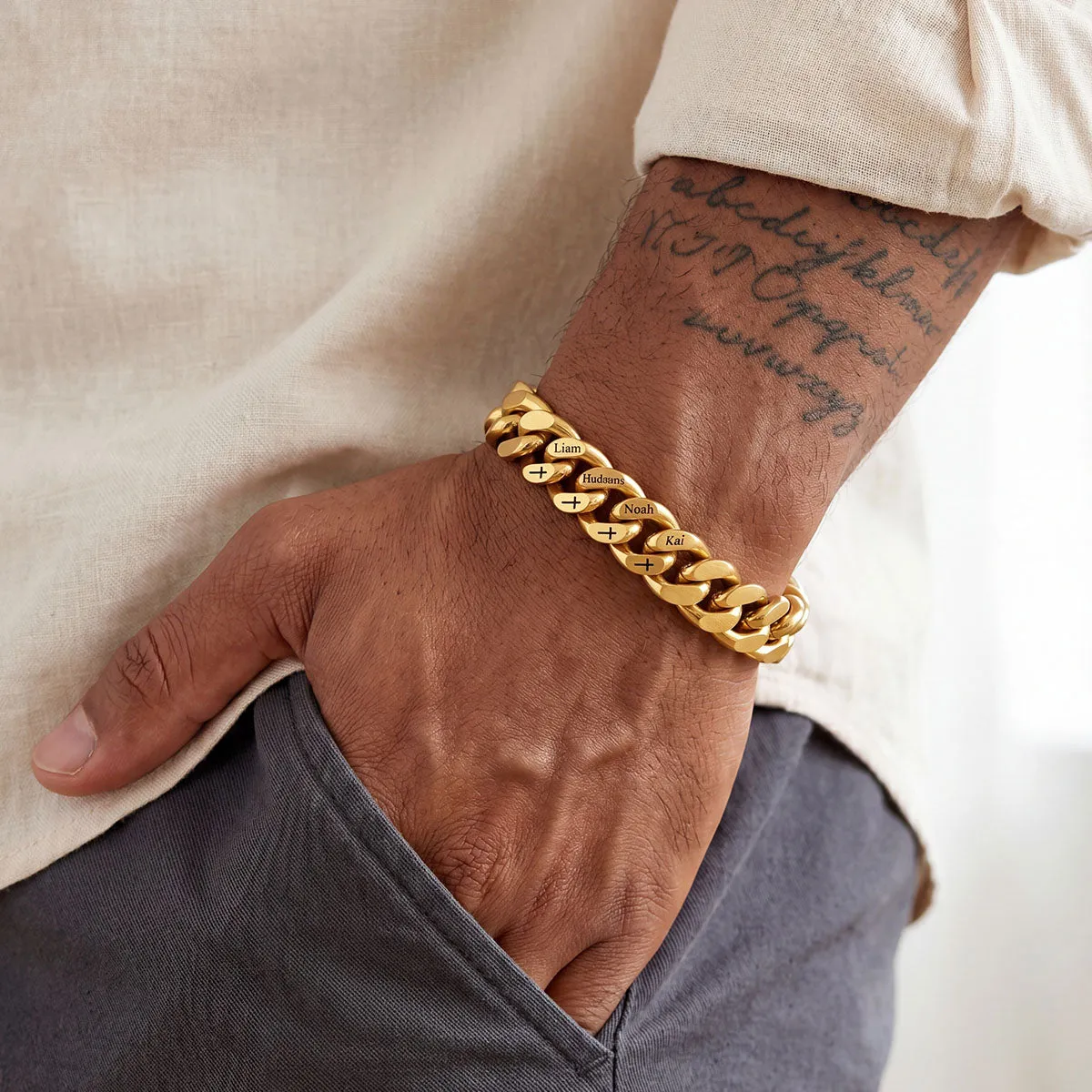 Personalized Multi Names Cuban Chain Bracelet with Cross Gift for Him Mens, 12MM Width sold by FaithHeart product image thumbnail 3