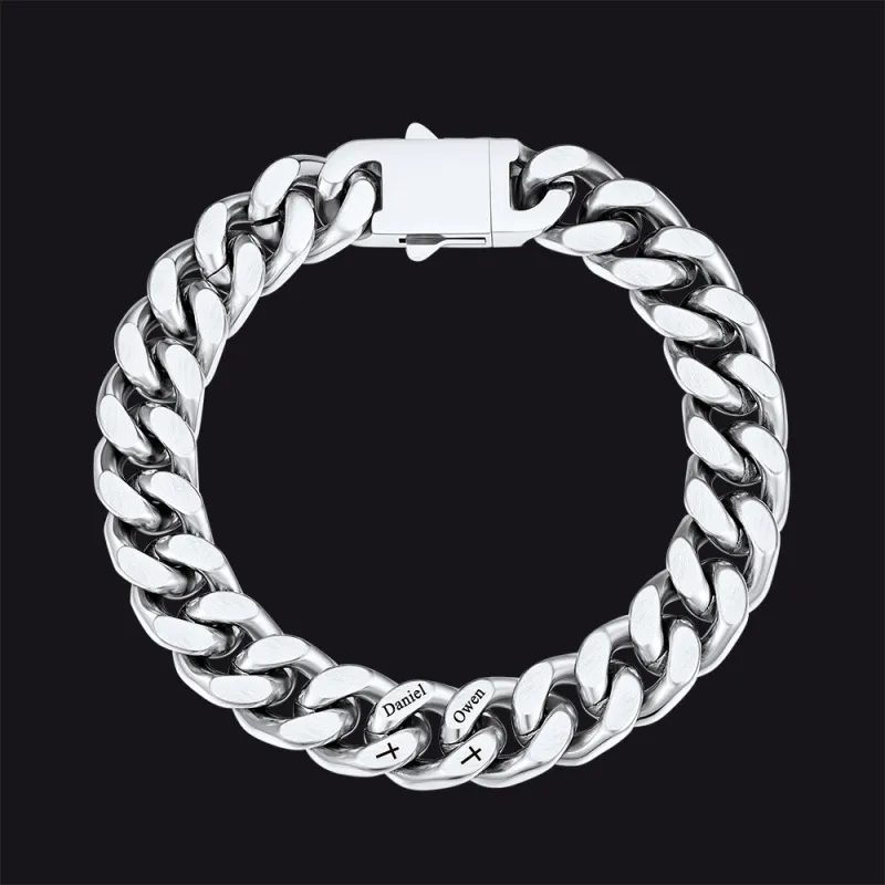 Personalized Multi Names Cuban Chain Bracelet with Cross Gift for Him Mens, 12MM Width made by FaithHeart