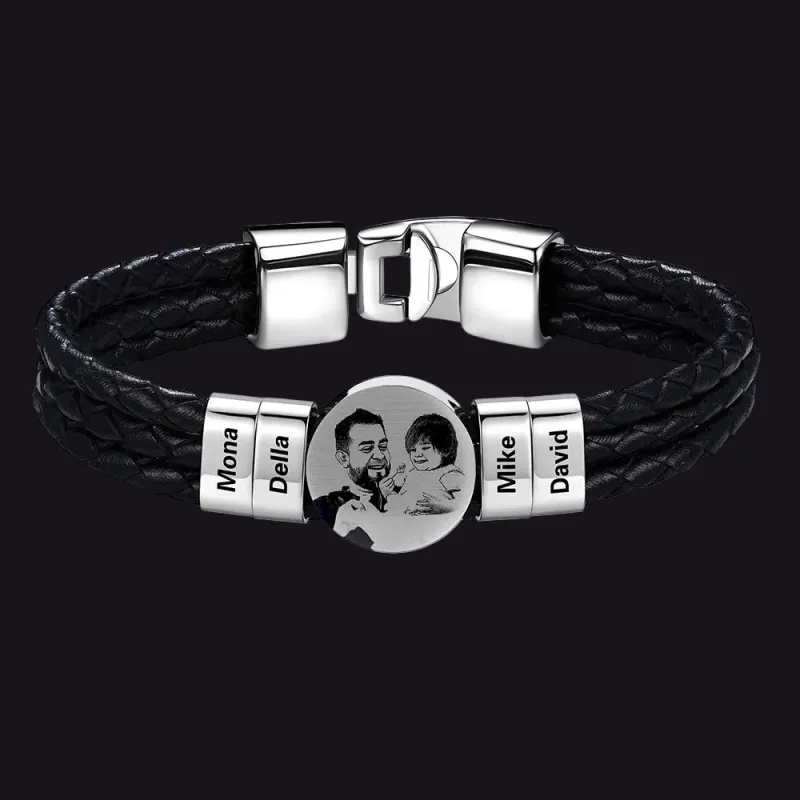 Custom Photo Leather Braided Bracelet with Name Beads for Father Men Gift made by FaithHeart