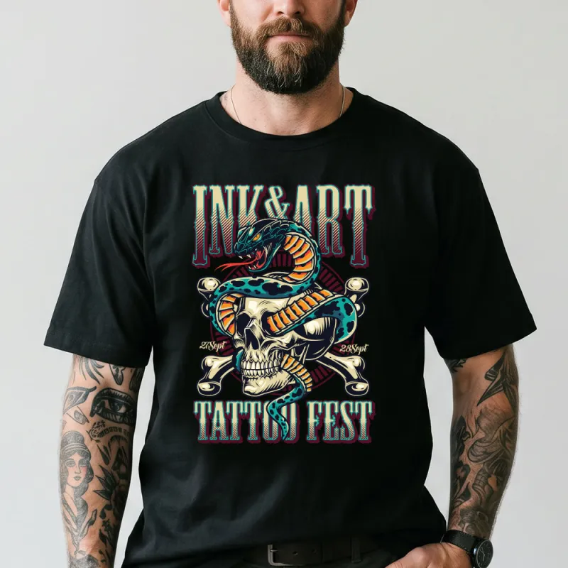 Gothic Snake Skull Tattoo Fest T-Shirt Berserker Tee for Men made by FaithHeart