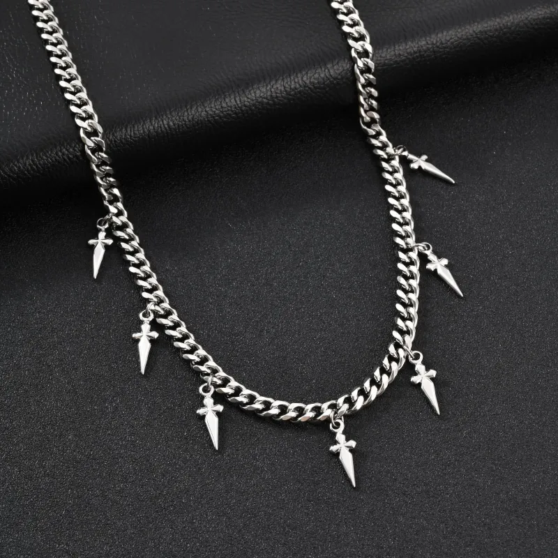 Gothic Cross and Spike Charmed Cuban Chain Necklace for Men made by FaithHeart