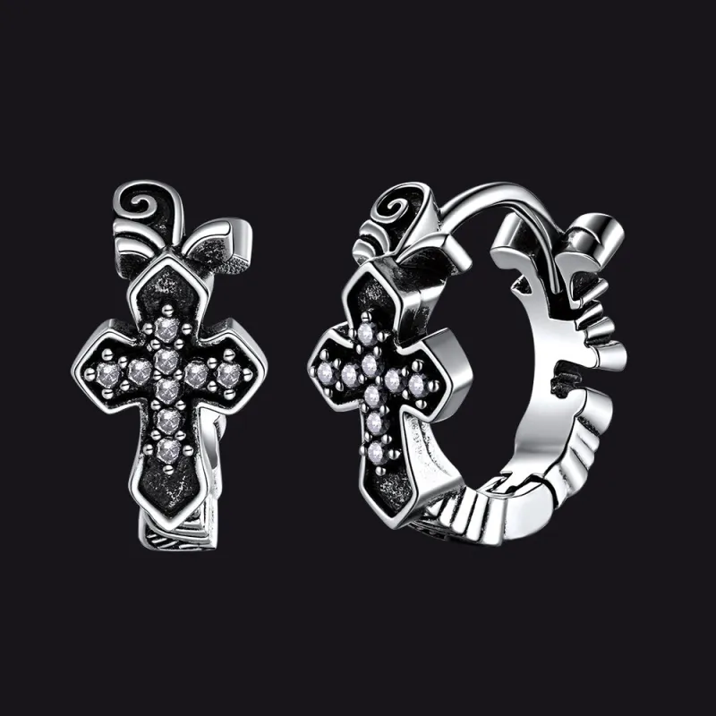 Gothic Cross Hoop Earrings with Cubic Zirconia for Men made by FaithHeart