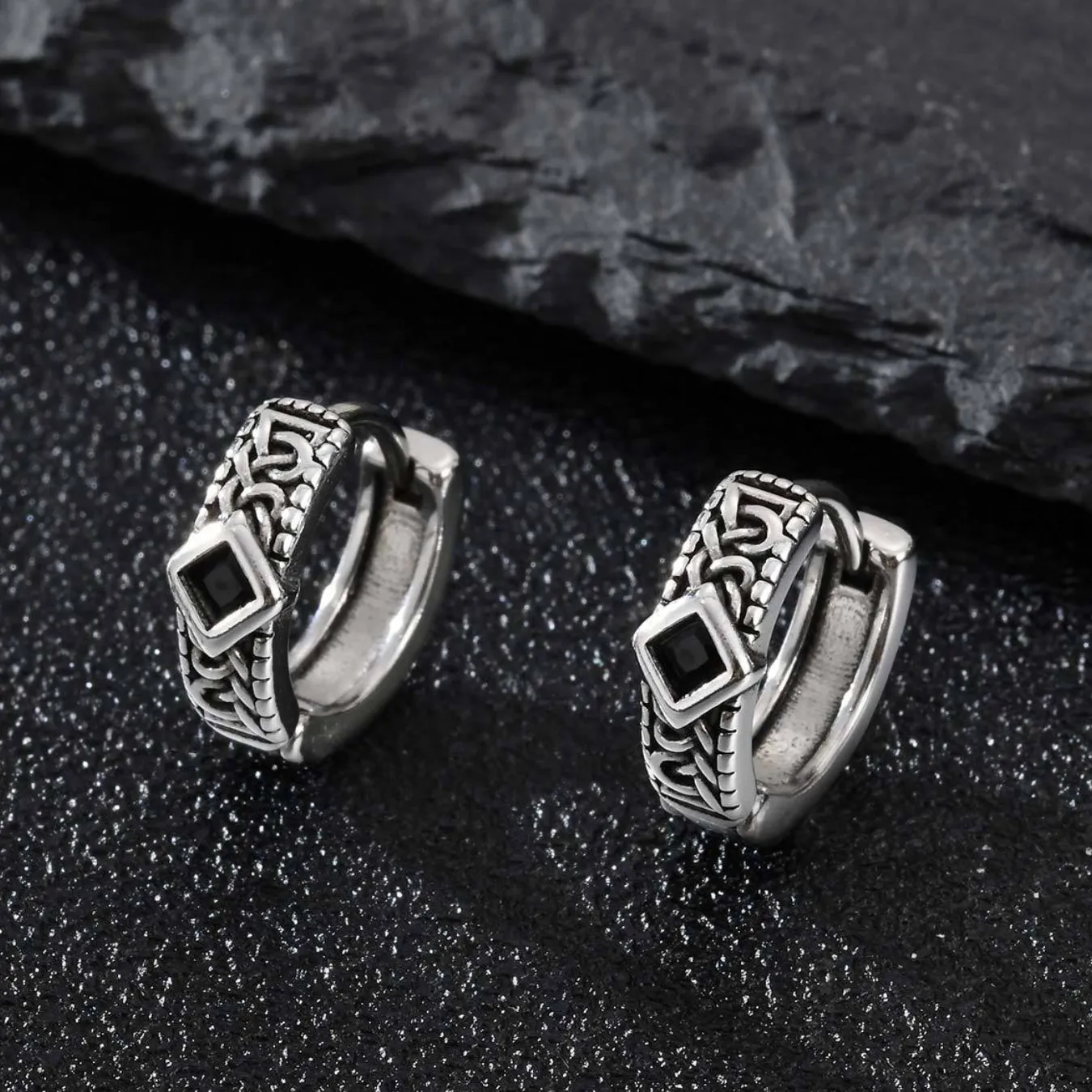 Gothic Geometric Black Zircon Stone Hoop Earrings for Men, 13mm sold by FaithHeart product image thumbnail 3
