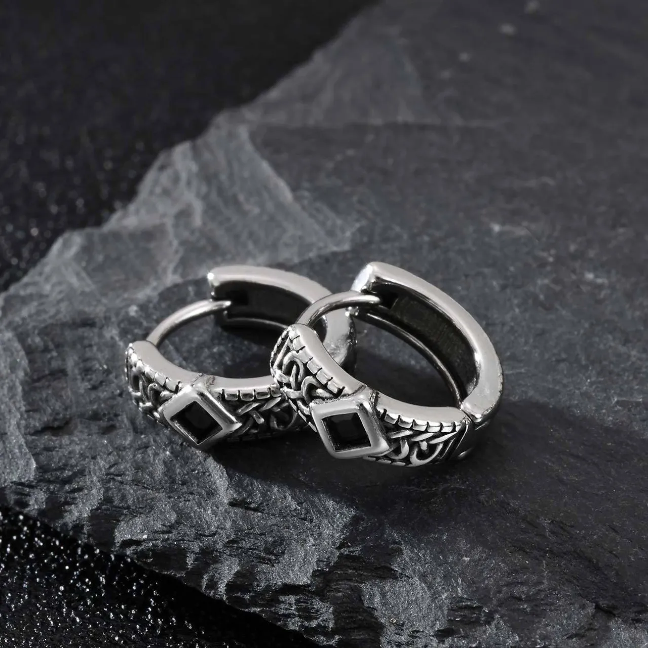 Gothic Geometric Black Zircon Stone Hoop Earrings for Men, 13mm sold by FaithHeart product image thumbnail 4