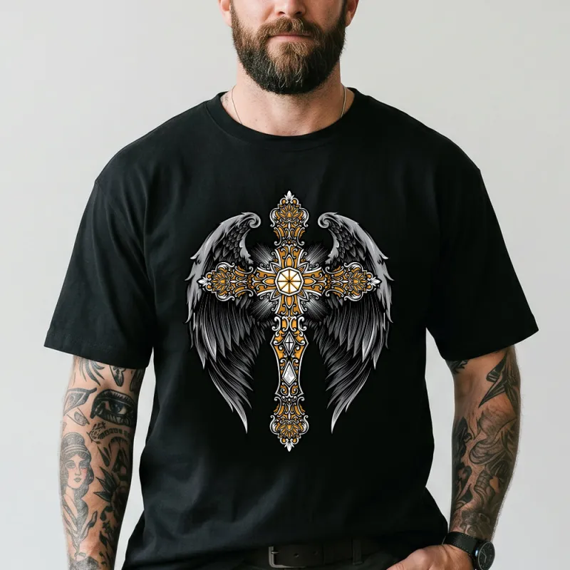 Gothic Cross With Angel Wings T Shirts for Men Father made by FaithHeart